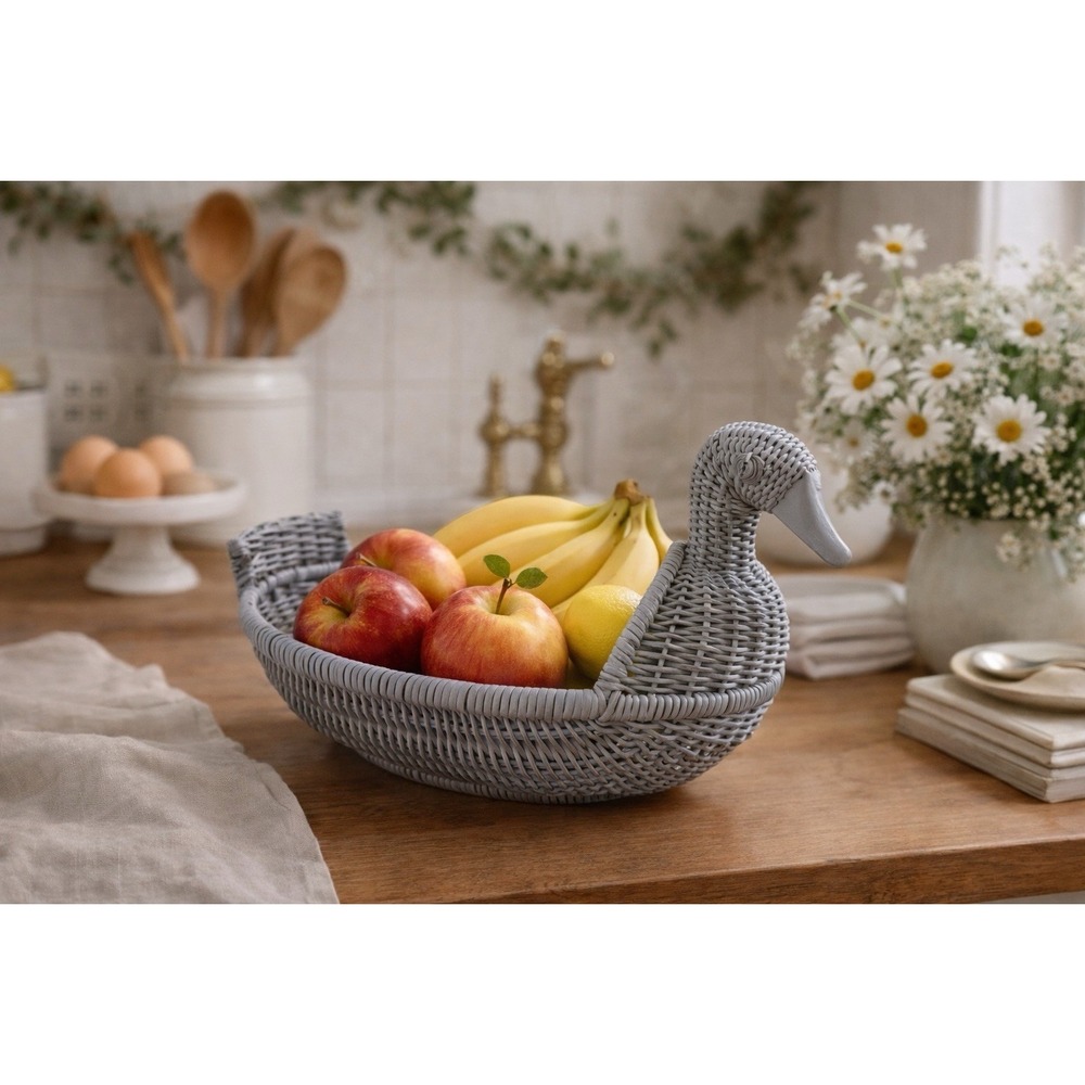 Vintage Wicker Rattan Duck Basket | Charming Blue Painted Cottagecore Decor
